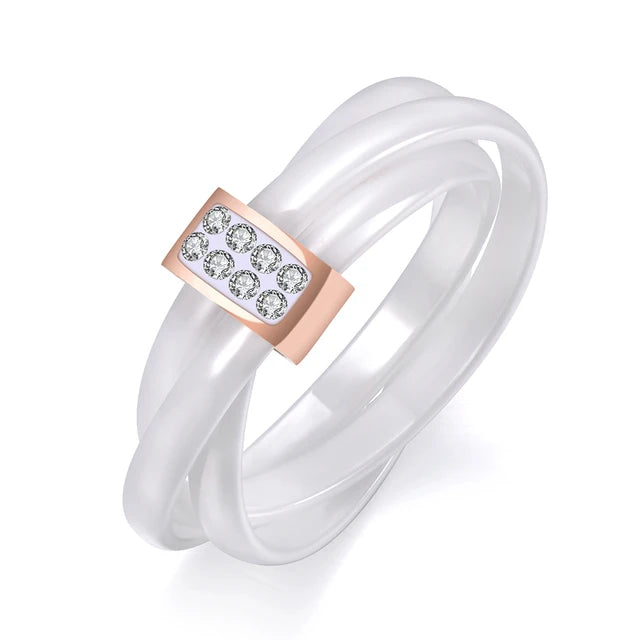 3 layer ceramic crystal glass wedding rings, rose gold jewelry, stainless steel rhinestones, engagement