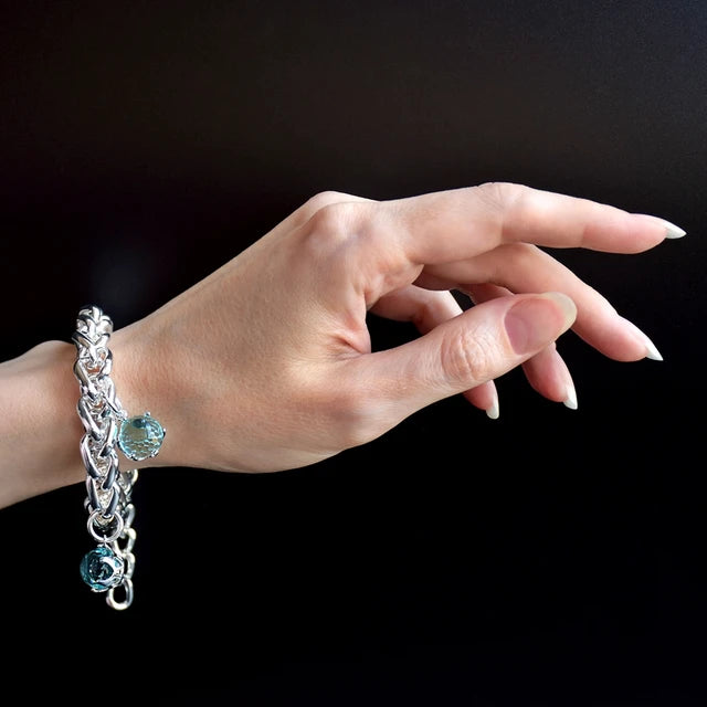 Women's bracelet, special cut CZ, sky blue color stone, elegant jewelry, length: 21.5cm