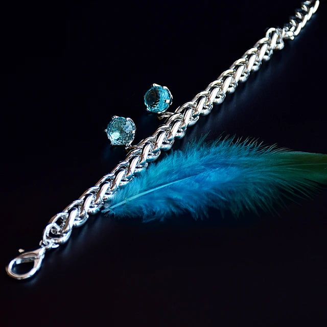 Women's bracelet, special cut CZ, sky blue color stone, elegant jewelry, length: 21.5cm