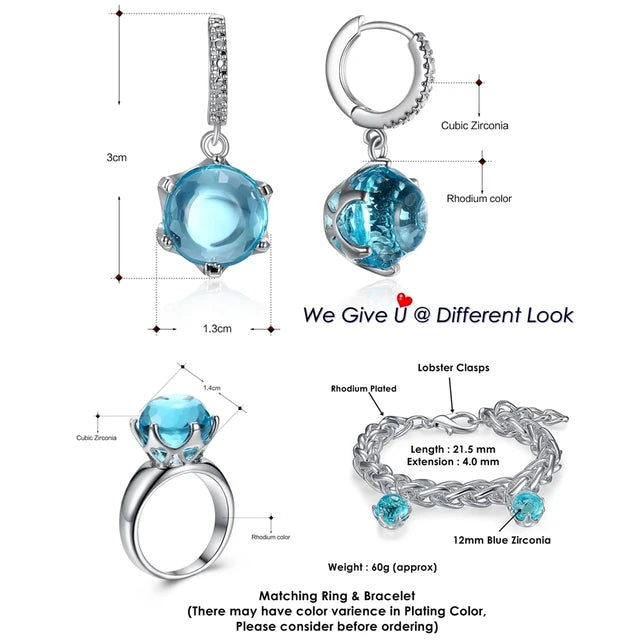 Special cut cubic zirconia earrings for women, sky blue colored stone, elegant jewelry, wholesale