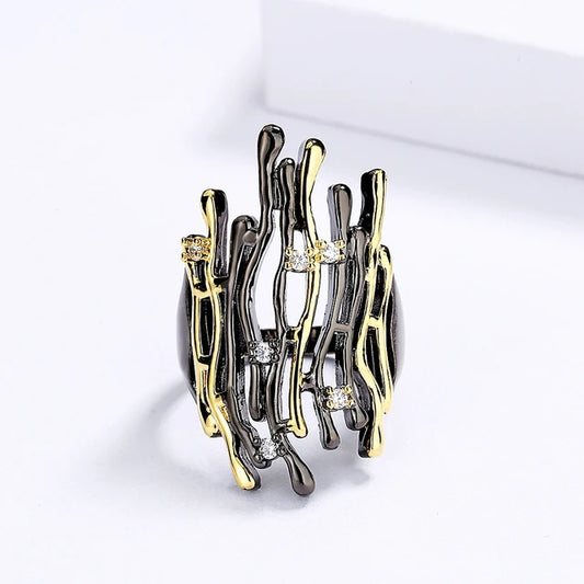 Women's two color geometric hollow ring, Irregular branch shaped jewelry, fashionable party gift, 925 Sterling Silver