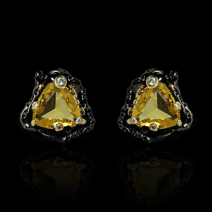 Delicate yellow triangle zirconia earrings, elegant two tone black gold earrings, party jewelry, eye catching earring for women