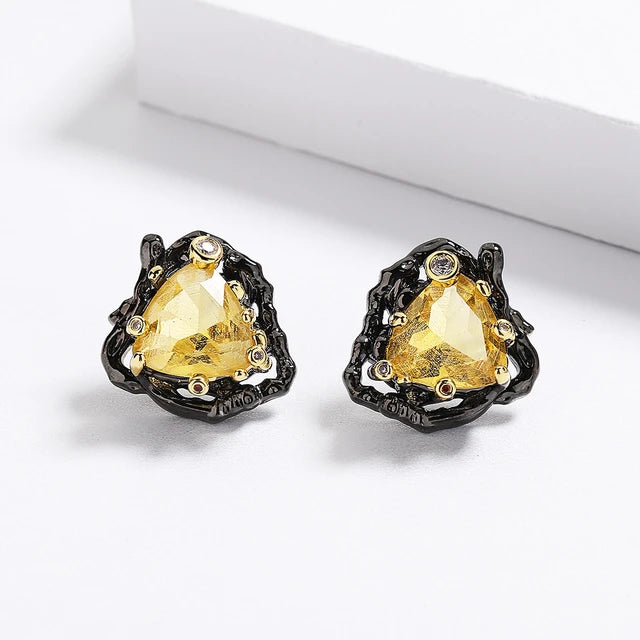 Delicate yellow triangle zirconia earrings, elegant two tone black gold earrings, party jewelry, eye catching earring for women