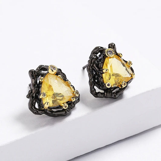 Delicate yellow triangle zirconia earrings, elegant two tone black gold earrings, party jewelry, eye catching earring for women