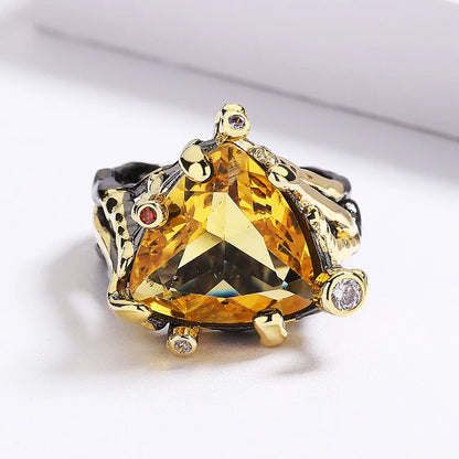 Exaggerated yellow zircon ring, high quality black gold ring, triangular zircon jewelry, party jewelry, 925 silver plated jewelry