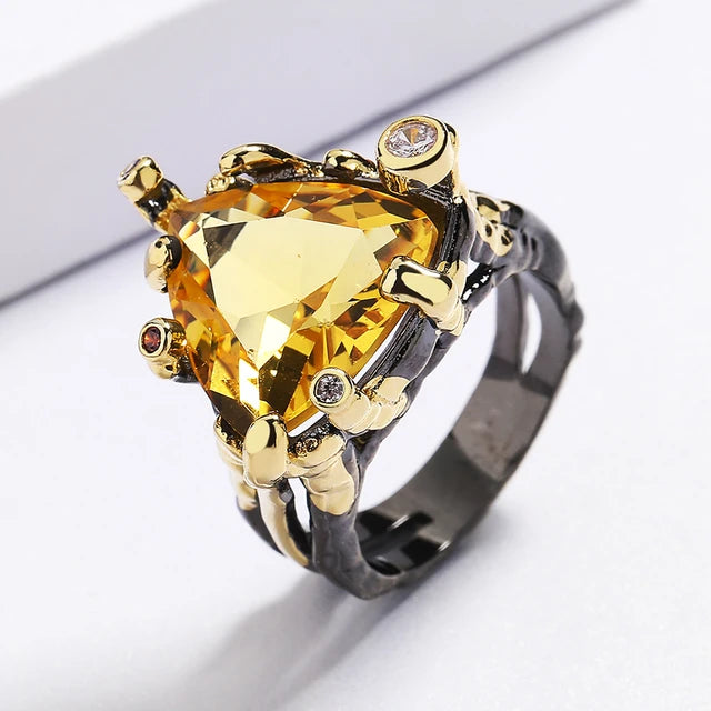 Exaggerated yellow zircon ring, high quality black gold ring, triangular zircon jewelry, party jewelry, 925 silver plated jewelry