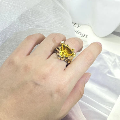 Exaggerated yellow zircon ring, high quality black gold ring, triangular zircon jewelry, party jewelry, 925 silver plated jewelry