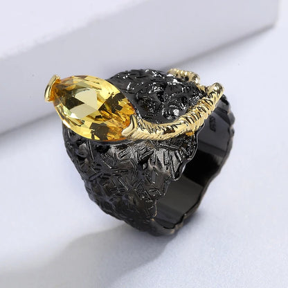 Domineering rings for women, inlaid yellow zircon jewelry, Italian fashion jewelry, black gold rings collection, creative rings