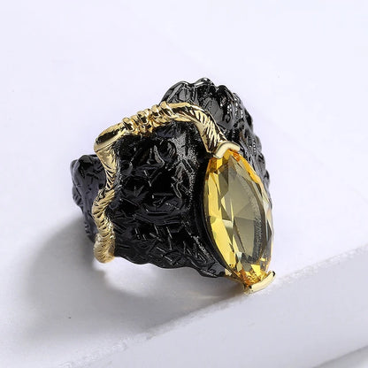 Domineering rings for women, inlaid yellow zircon jewelry, Italian fashion jewelry, black gold rings collection, creative rings