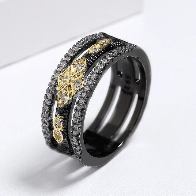 Exquisite two color black and gold two color ring for women, multilayer geometric jewelry, party ring, high quality temperament jewelry.