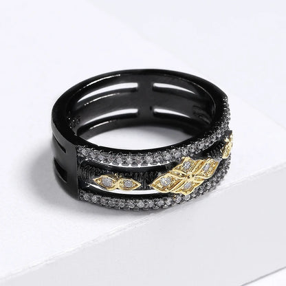 Exquisite two color black and gold two color ring for women, multilayer geometric jewelry, party ring, high quality temperament jewelry.