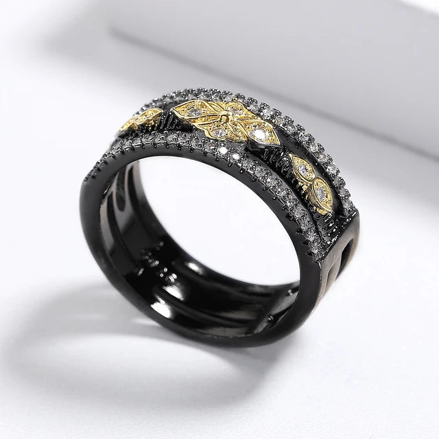 Exquisite two color black and gold two color ring for women, multilayer geometric jewelry, party ring, high quality temperament jewelry.