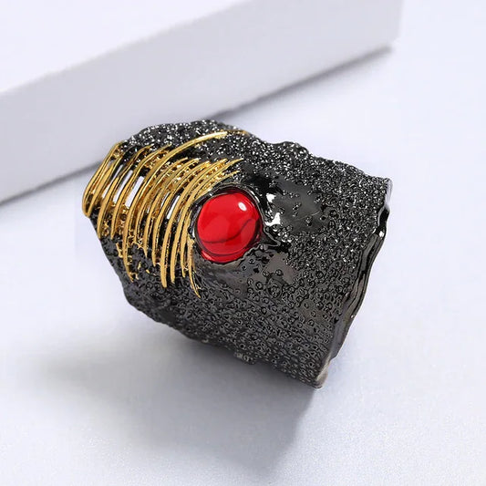 Unique rings for women, irregular black gold earrings with red zirconia inlay, Italian party jewelry, wedding rings