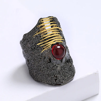 Unique rings for women, irregular black gold earrings with red zirconia inlay, Italian party jewelry, wedding rings