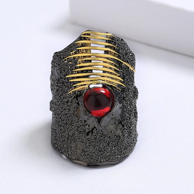 Unique rings for women, irregular black gold earrings with red zirconia inlay, Italian party jewelry, wedding rings