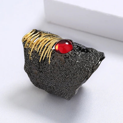 Unique rings for women, irregular black gold earrings with red zirconia inlay, Italian party jewelry, wedding rings