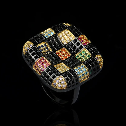 Geometric square ring with colorful zirconia inlay for women, 925 sterling silver exaggerated jewelry, Black Gold, fashionable party jewelry