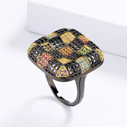 Geometric square ring with colorful zirconia inlay for women, 925 sterling silver exaggerated jewelry, Black Gold, fashionable party jewelry