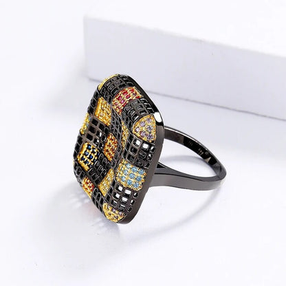 Geometric square ring with colorful zirconia inlay for women, 925 sterling silver exaggerated jewelry, Black Gold, fashionable party jewelry