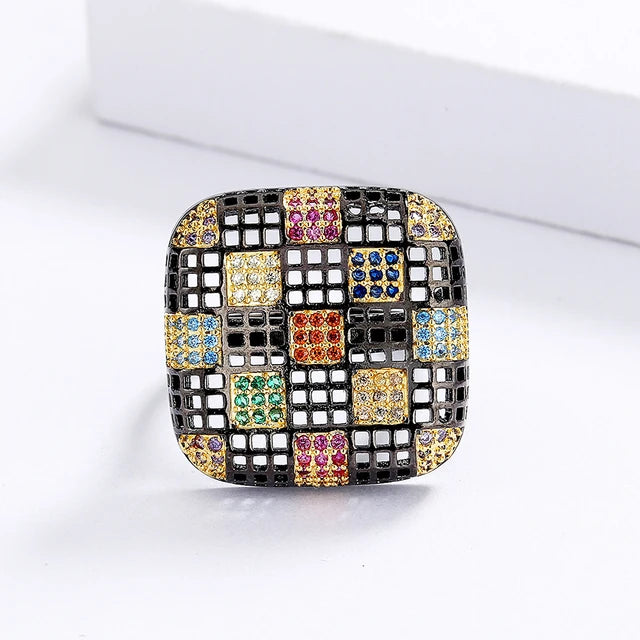 Geometric square ring with colorful zirconia inlay for women, 925 sterling silver exaggerated jewelry, Black Gold, fashionable party jewelry