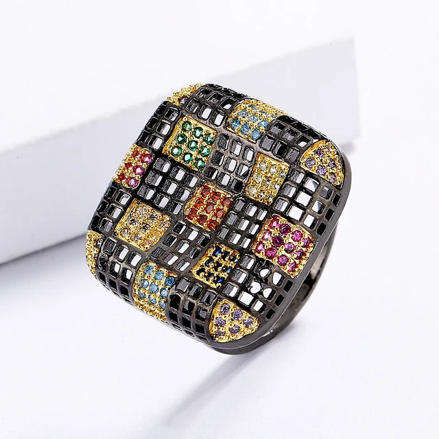 Geometric square ring with colorful zirconia inlay for women, 925 sterling silver exaggerated jewelry, Black Gold, fashionable party jewelry