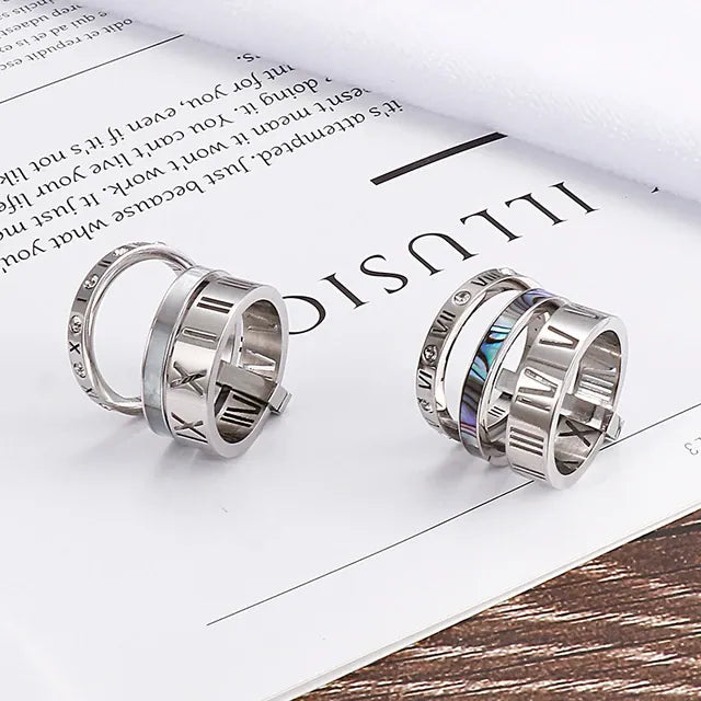 Stainless steel rings for women and girls, three layer ring with roman numerals, cubic zirconia, zirconia, Bridal wedding, jewelry gift, natural shell