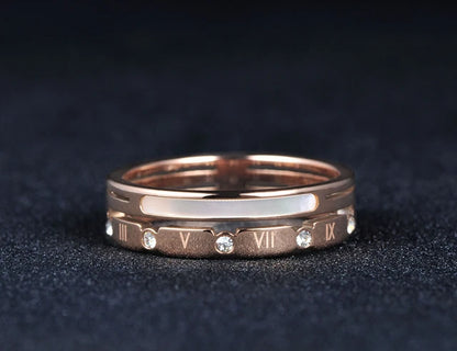 Cubic zirconia ring with roman numerals for women, stainless steel wedding band, Rose gold color