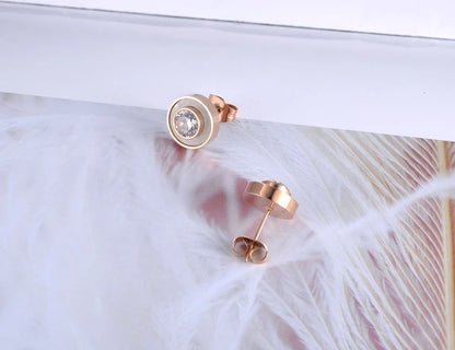 Women's white shell shaped stainless steel earrings, rose gold plated jewelry, crystal anniversary earring