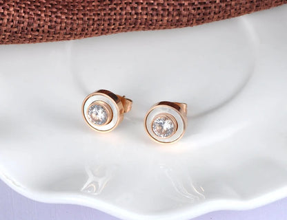 Women's white shell shaped stainless steel earrings, rose gold plated jewelry, crystal anniversary earring