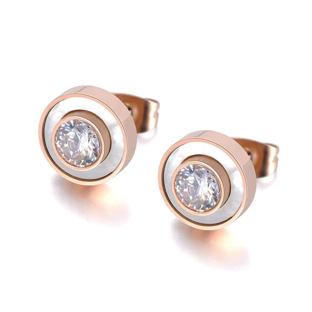 Women's white shell shaped stainless steel earrings, rose gold plated jewelry, crystal anniversary earring