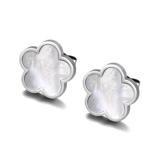 Stainless steel earrings for woman and girl, white shell flower charm, jewelry