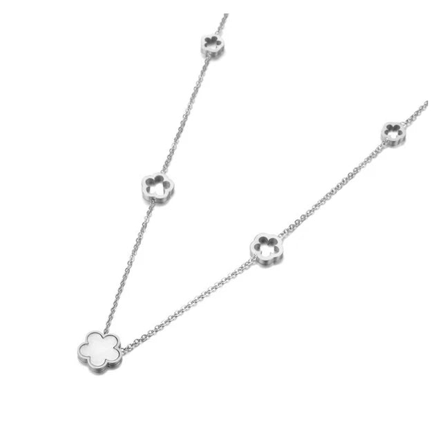 Stainless steel necklace for woman and girl, chain and link necklace with white shell flower clover charm, jewelry