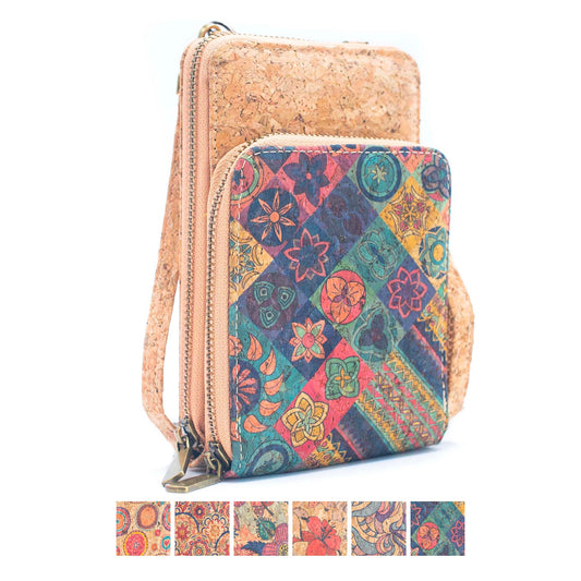 Natural Cork Crossbody double Zipper Wallet with Phone Compartiment