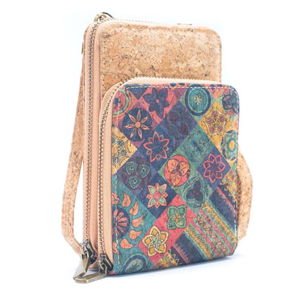 Natural Cork Crossbody double Zipper Wallet with Phone Compartiment