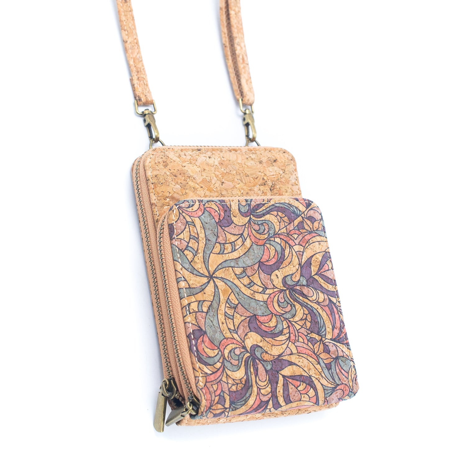 Natural Cork Crossbody double Zipper Wallet with Phone Compartiment