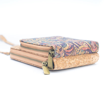 Natural Cork Crossbody double Zipper Wallet with Phone Compartiment