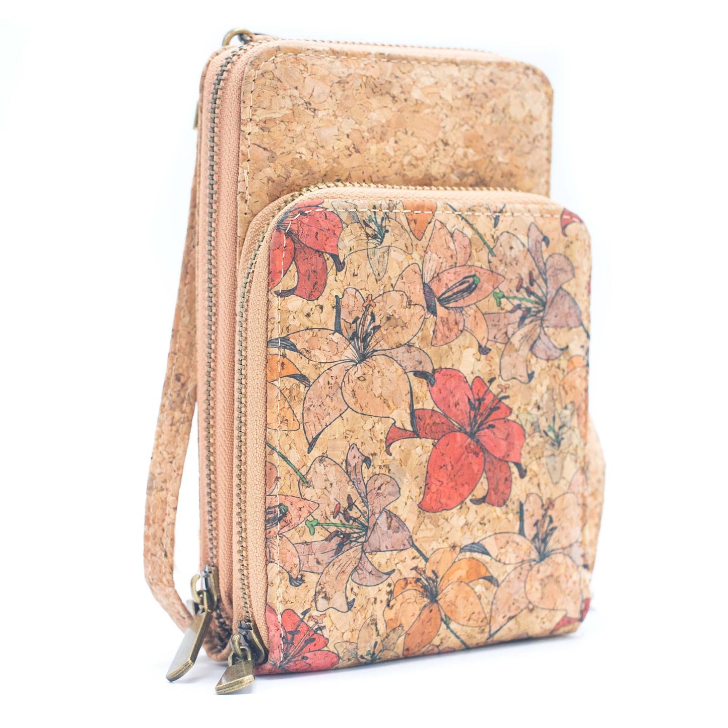 Natural Cork Crossbody double Zipper Wallet with Phone Compartiment