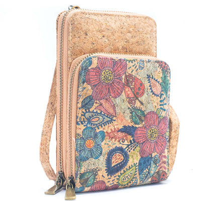 Natural Cork Crossbody double Zipper Wallet with Phone Compartiment