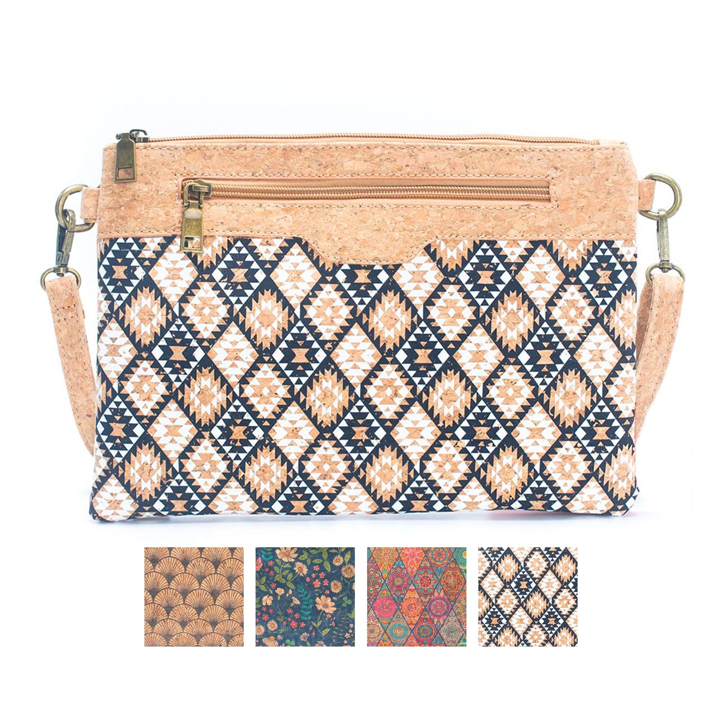 Natural Cork with Printed Design - Women's Crossbody and Clutch Bag