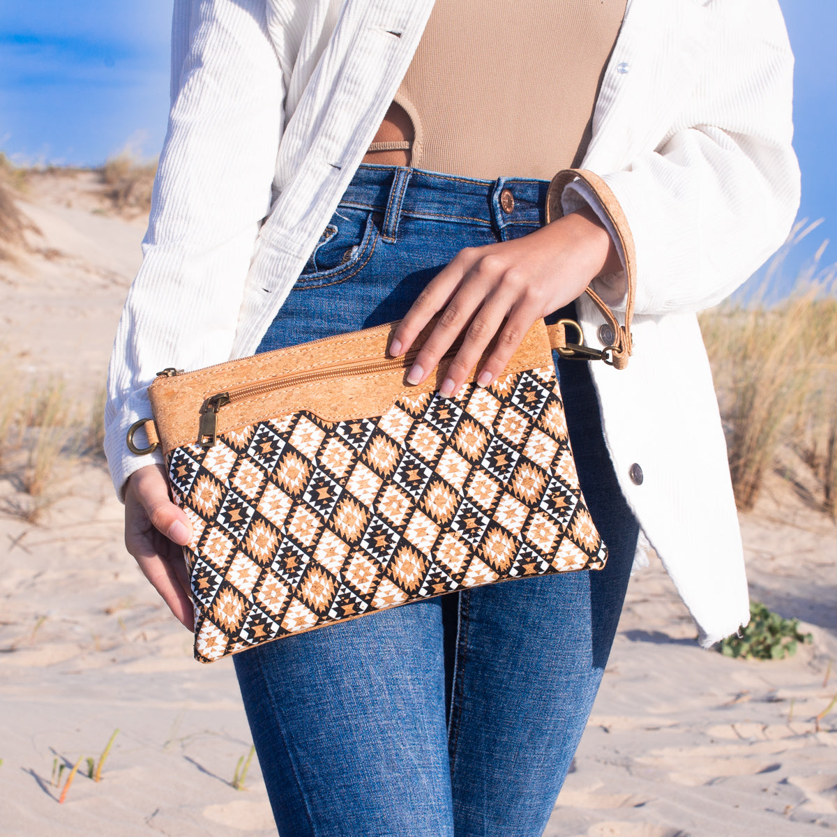 Natural Cork with Printed Design - Women's Crossbody and Clutch Bag