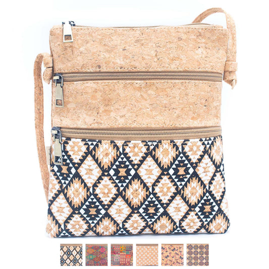 Natural cork with Patterned double zipper crossbody bag