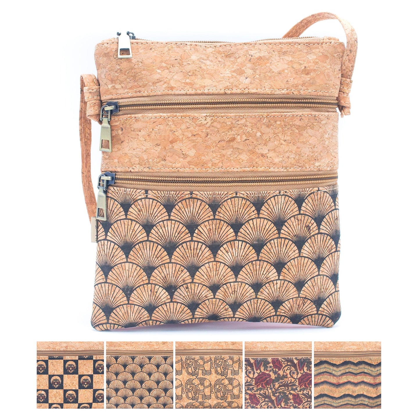 Patterned double zipper crossbody bag