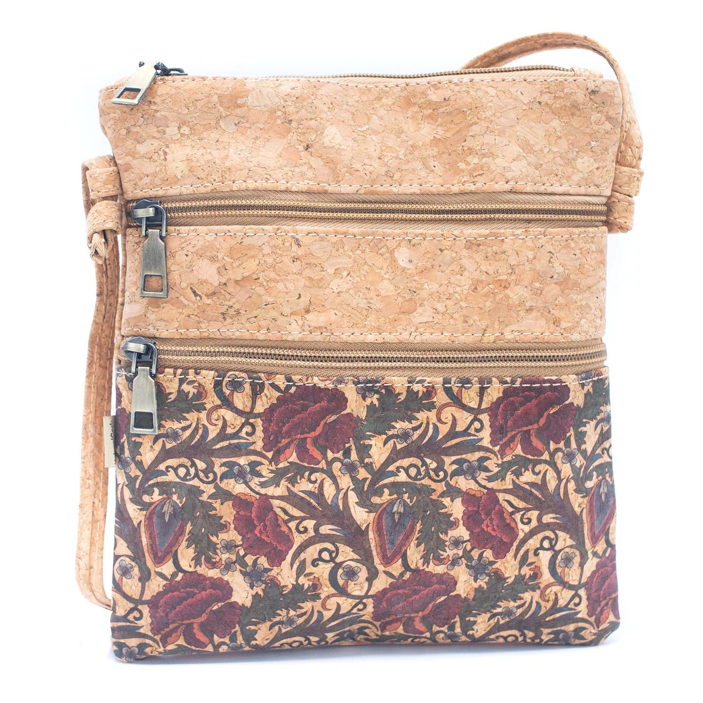 Patterned double zipper crossbody bag