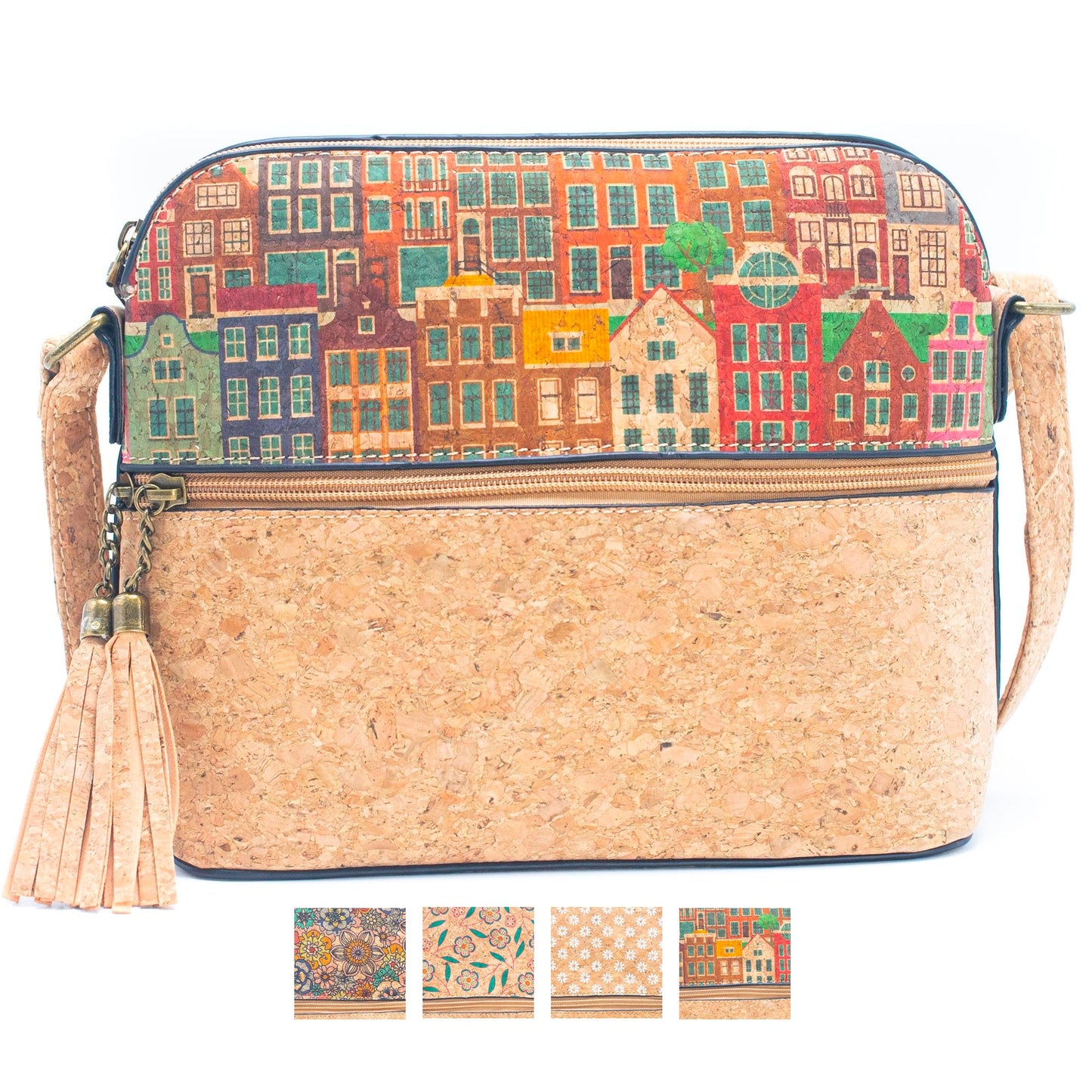 Tassel Zip Pocket Women's Natural Cork Crossbody Bag