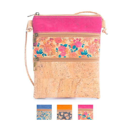 Women's Natural Cork Crossbody Bag with Three Zippers