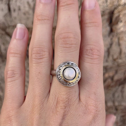 Jewelry sterling silver ring with Gold and natural Pearl